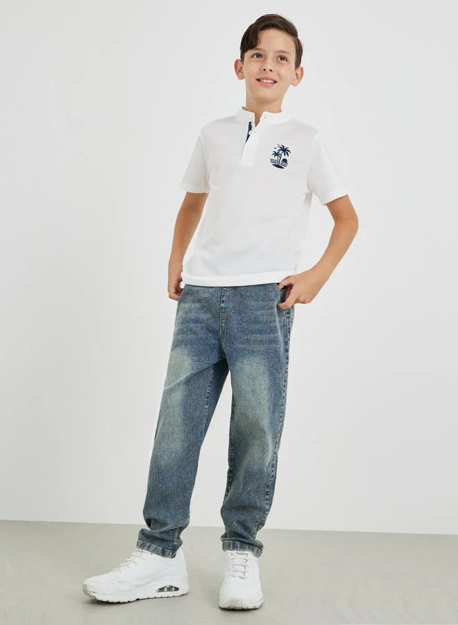 Styli Styli Embroidered Mandarin Collar Buttoned T-Shirt